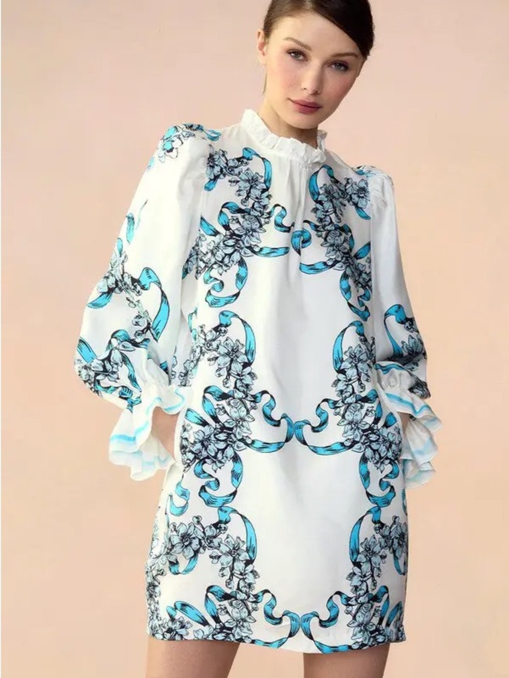 Cynthia Rowley White Midi Dress with Blue Ribbon Floral Print - Picture 1 of 5